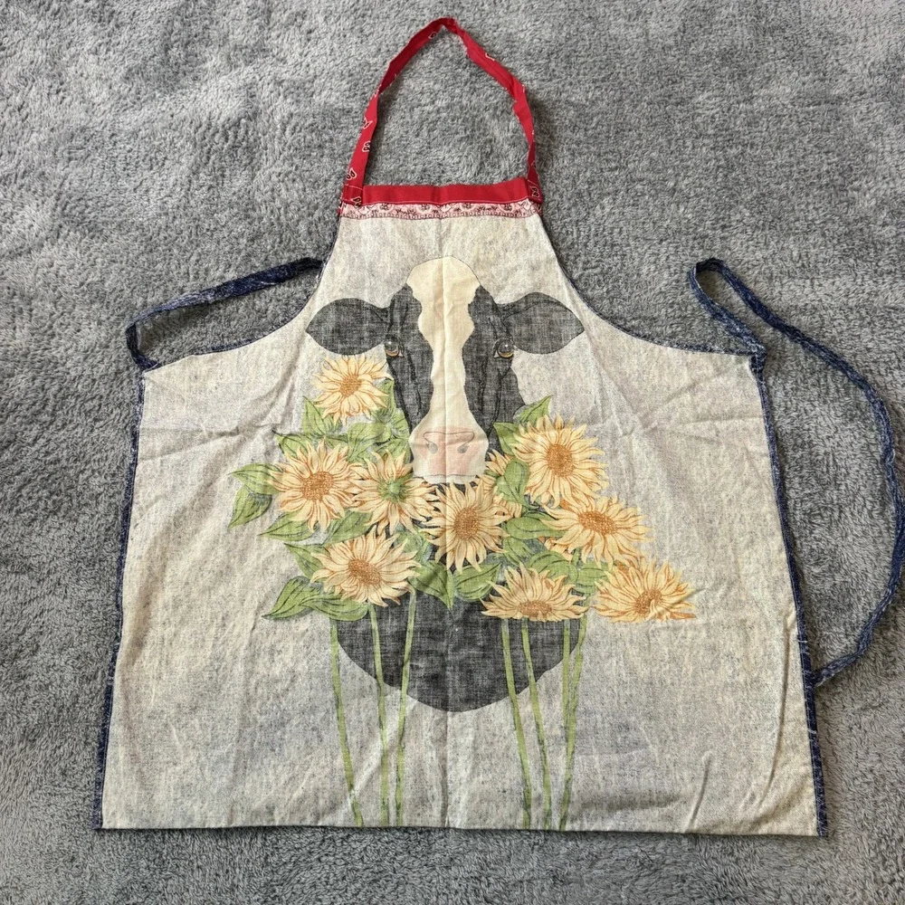 Unbranded Unisex Cow Sunflower Apron OS Blue Red Bandana Print Farmhouse Style